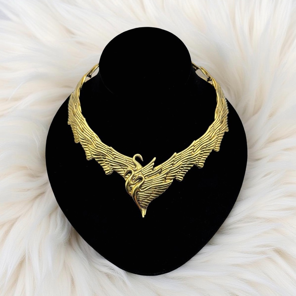 Vintage 80s Laurel Burch Swan Wing Gold Tone Choker Collar Necklace 16”